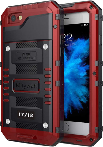 Mitywah Waterproof Case Compatible with iPhone 7 / iPhone 8 Heavy Duty Durable Metal Full Body Protective Case Built-in Screen Protection Shockproof Dustproof Rugged Military Grade Defender, Red