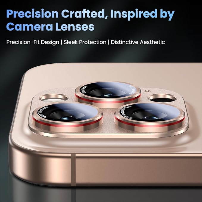 Uyiton Professional Camera Style for iPhone 16 Pro Max/16 Pro/14 Pro Max/14 Pro Camera Lens Protector - [Unique Typography + Phone Lens Red Circle Design] Metal Tempered Glass Camera Cover, Gold+Red