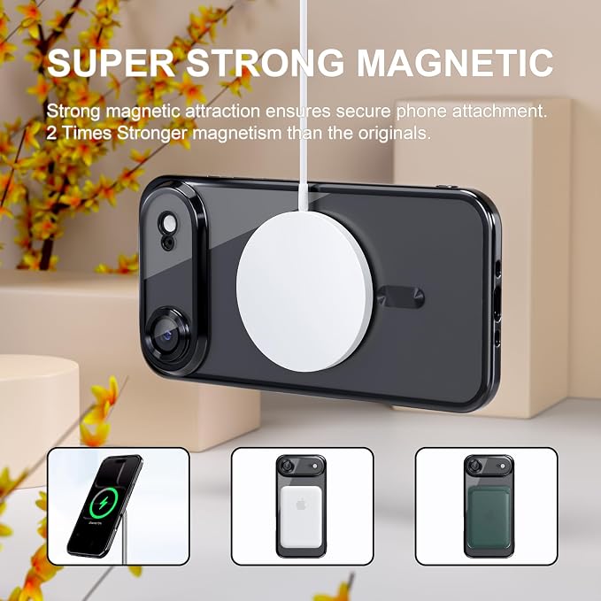 Misea Magnetic for iPhone 17 Air Case Compatible with MagSafe [Never Yellowing] [Military Grade Drop Protection] Full Camera Lens Protector Plating Soft Clear Phone Case for Women, Black