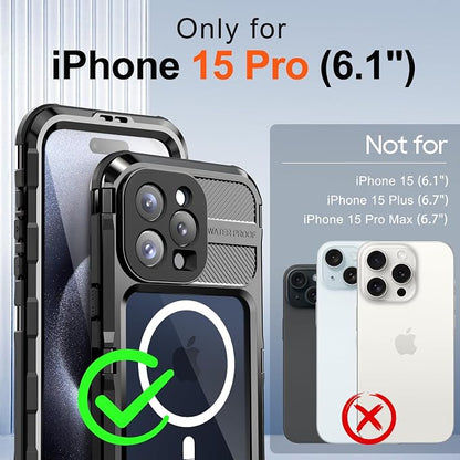 WIFORT for iPhone 15 Pro Waterproof Case - Metal Heavy Duty Full Body Protective Cover Built-in Screen Protector, IP68 Water Proof Military Grade Shockproof Rugged Drop Defender Phone case 6.1" Black