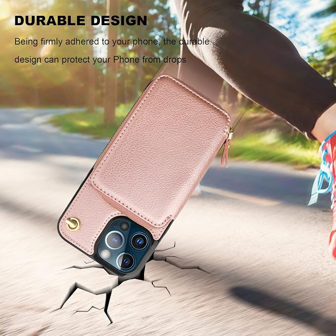 Bocasal Crossbody Wallet Case for iPhone 13 Pro Max, RFID Blocking Leather Purse Case with Card Holder, Protective Handbag Flip Cover with Zipper Wrist Strap Lanyard for Women 5G 6.7 Inch (Rose Gold)