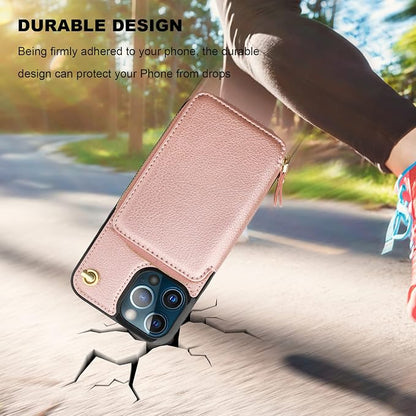Bocasal Crossbody Wallet Case for iPhone 13 Pro Max, RFID Blocking Leather Purse Case with Card Holder, Protective Handbag Flip Cover with Zipper Wrist Strap Lanyard for Women 5G 6.7 Inch (Rose Gold)