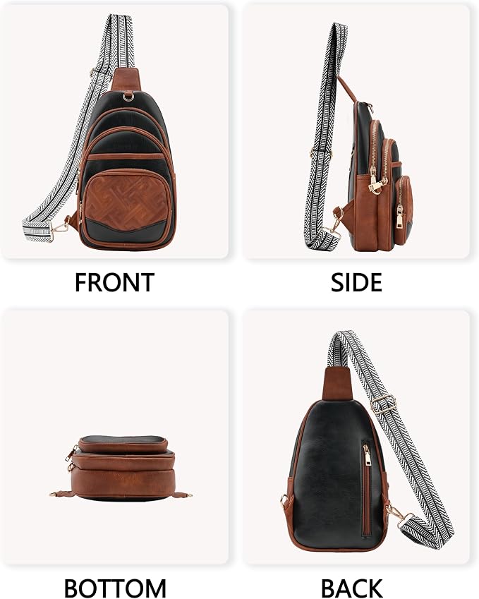 Anti Theft Crossbody Bags for Women, RFID Vegan Leather Sling Purse for Travel, Chest Bag, Cross Body Purses & Fanny Packs(Brown＆Black) | Multi-Pocket, 8 RFID Card Slots, Structured bag, Quilted Design