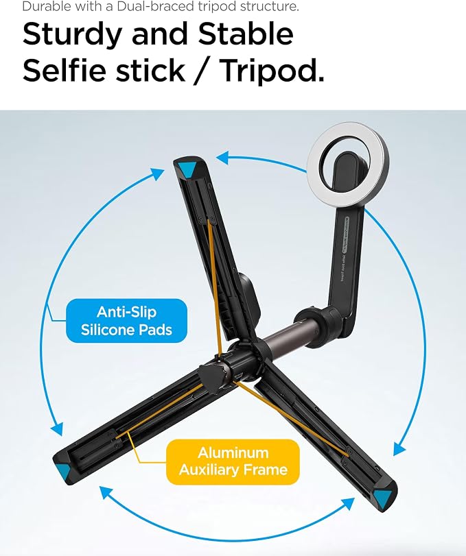 Spigen Selfie Stick Tripod Stand with Bluetooth Remote Control Shutter 24" Extendable Compatible with MagSafe iPhone 17/16/15/14/13/12 Pixelsnap Pixel 10 Series & More - Black (S571W)