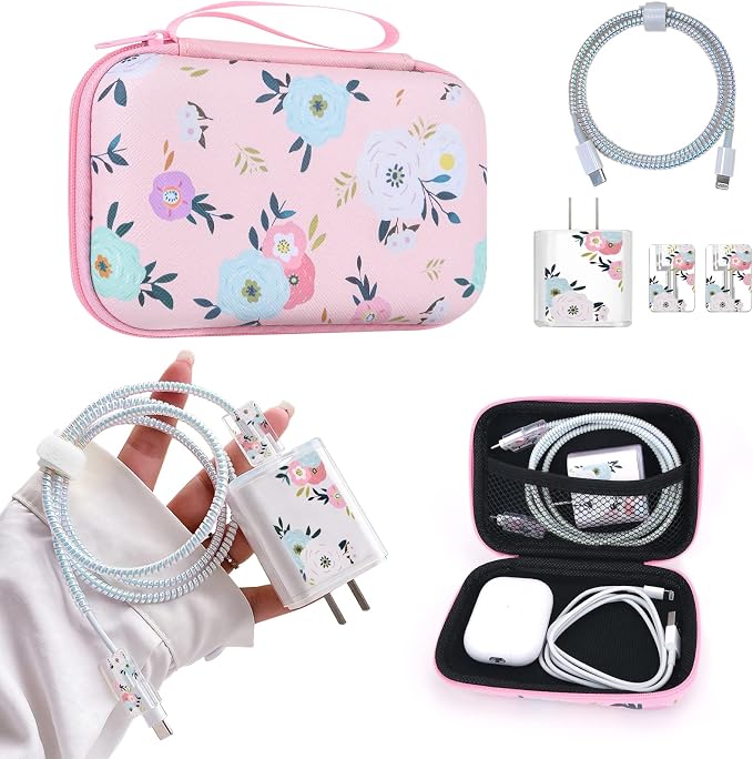 Cute Floral Phone Charger Storage Case Cover Set Colorful White Camellia Flowers Pattern Carrying Bag with Cable Protector Cord Organizer, Lightning Cable Chomper,Charger Saver Compatible for iPhone