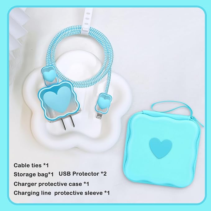 CameCosy Phone Charger Storage Case Cover Sets with Phone Cable Protector for iPhone Charger, Wave Travel Storage Bag, Earphone Cord Saver Cute DIY Cable Protector Cable Organizer (Blue Love Heart)