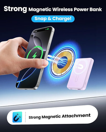for Magsafe Power Bank 5000mAh, 15W Wireless Magnetic Battery Pack with 20W PD Fast Charging, Utra-Slim Portable Charger for iPhone 17/16/15/14/13/12 Series, Travel Essentials (Purple)