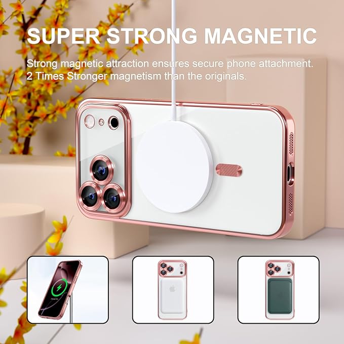 Misea Magnetic for iPhone 17 Pro Max Case Compatible with MagSafe [Never Yellowing] [Military Grade Drop Protection] Full Camera Lens Protector Plating Soft Clear Phone Case for Women, Pink