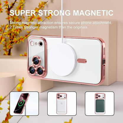 Misea Magnetic for iPhone 17 Pro Max Case Compatible with MagSafe [Never Yellowing] [Military Grade Drop Protection] Full Camera Lens Protector Plating Soft Clear Phone Case for Women, Pink