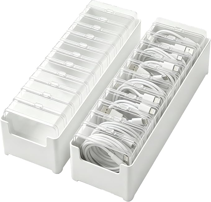 2 Pack Cable Organizer Box with 22 Mini Boxes, Clear Cord Storage Case