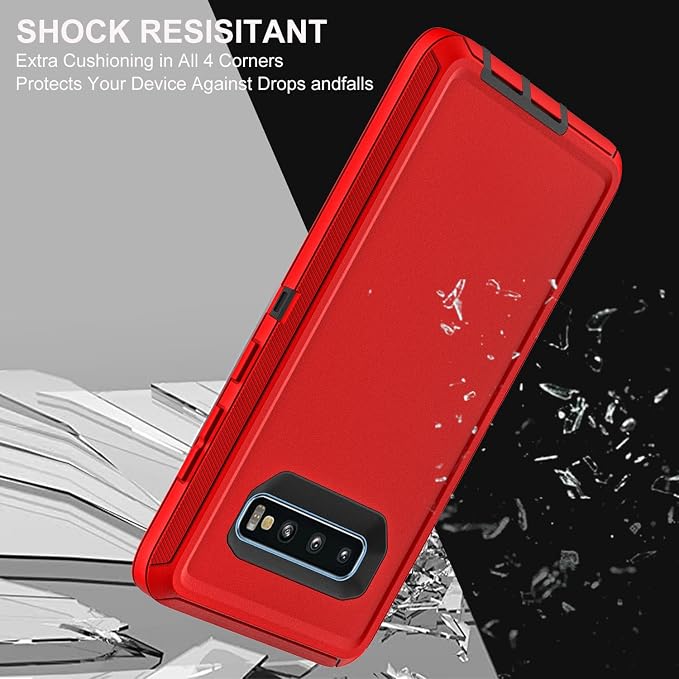 for Samsung Galaxy S10 Plus Case, with 2Pcs [Self Healing Flexible TPU Screen Protector & Camera Lens Protector] Military Grade 3 in 1 Heavy Duty Case for Galaxy S10 Plus (Red/Black)