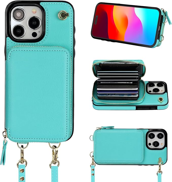 Bocasal Crossbody Wallet Case for iPhone 15 Pro Max, RFID Blocking Leather Purse Case with Card Holder, Protective Handbag Flip Cover with Zipper Wrist Strap Lanyard for Women 5G 6.7 Inch (Mint Green)