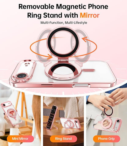 Meifigno Designed for iPhone Air Case with Ring Stand (6.5"), [Built-in Mirror] [Compatible with MagSafe] [Glitter Card & Wrist Strap] Removable Phone Stand +Designed for iPhone 17 Air Case, Rose Gold