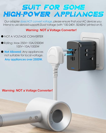 Universal Travel Adapter, 30W 6.0A for Europe UK US 200+ Countries | 5 USB C/A Ports, 2500W AC Outlet, Multi Plugs 110V 220V A/C, International Power Adapter for Phone Laptop & All USB Devices