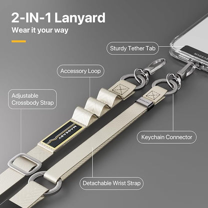 MAGEASY 2-IN-1 Cellphone Lanyard Crossbody + Wrist Strap + Phone Tether & Attachment Clips, Compatible with iPhone 16 17 Google Pixel | Clip and Go Security Strap Neck Phone Leash (Starlight)