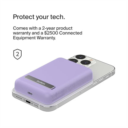 Belkin Portable Charger, Wireless Power Bank 5000 mAh MagSafe Charger 7.5W, Built-in Pop-up Kickstand - iPhone 17, Air, Pro, Pro Max, iPhone 16, AirPods, Apple Watch, Google Pixel 10, etc. - Purple