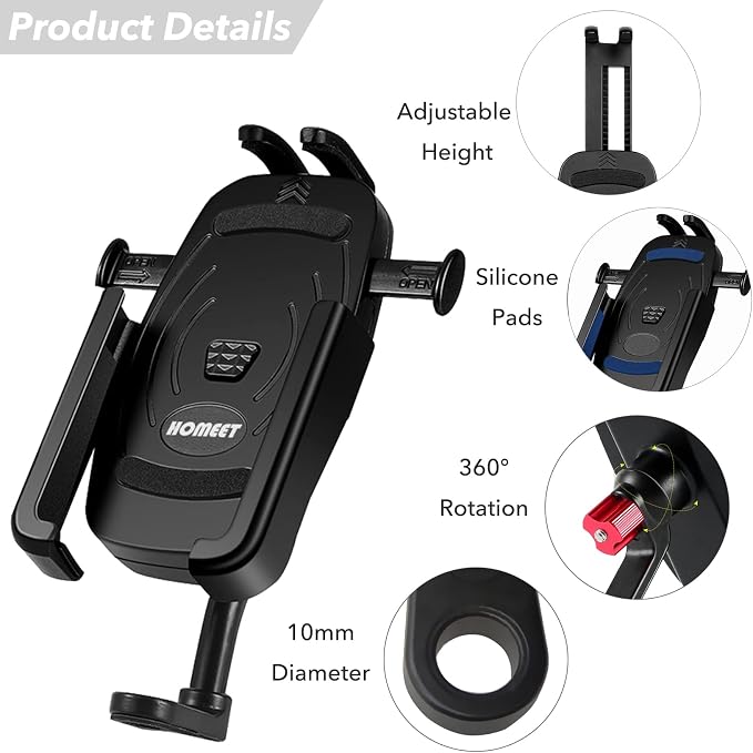 Motorcycle Phone Mount, Aluminum Alloy Scooter Cellphone Holder Moped Rearview Mirror Smartphone Universal Mount for 4.0''-7.0'' Smart Devices, 10mm Diameter, 360° Rotation, Quick Release