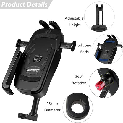Motorcycle Phone Mount, Aluminum Alloy Scooter Cellphone Holder Moped Rearview Mirror Smartphone Universal Mount for 4.0''-7.0'' Smart Devices, 10mm Diameter, 360° Rotation, Quick Release