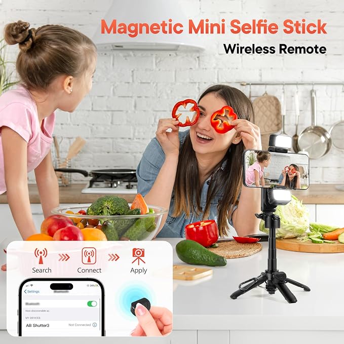 Phone Tripod, 4-in-1 Magnetic Mini Selfie Stick,Pocket Size Selfie Stick with Wireless Detachable Remote Control & 2 Fill Light for Photograph, Vlogging Compatible with iPhone/Android