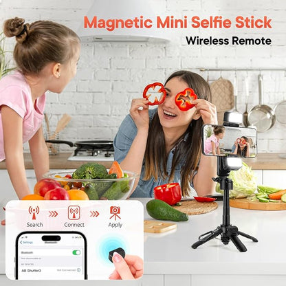 Phone Tripod, 4-in-1 Magnetic Mini Selfie Stick,Pocket Size Selfie Stick with Wireless Detachable Remote Control & 2 Fill Light for Photograph, Vlogging Compatible with iPhone/Android