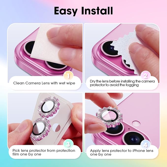 Xfilm for iPhone 16/16 Plus Camera Lens Protector Bling Individual Sun Design Diamond Ring 9H Hardness Scratchproof Protector, Stylish Phone Accessories, Case Friendly (Pink)