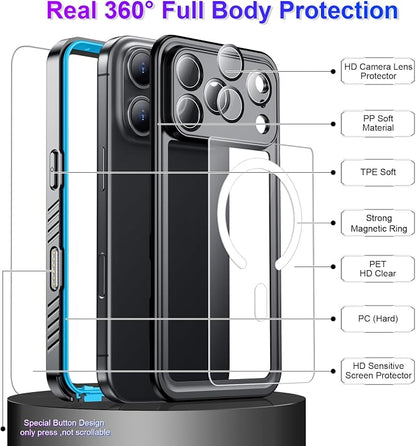 Temdan Magnetic Compatible with iPhone 17 Pro Case,Waterproof Built-in Screen & Camera Protector IP68 Underwater Full Body 17FT Military Dropproof Shockproof Phone Case 6.3"-Mag/Blue