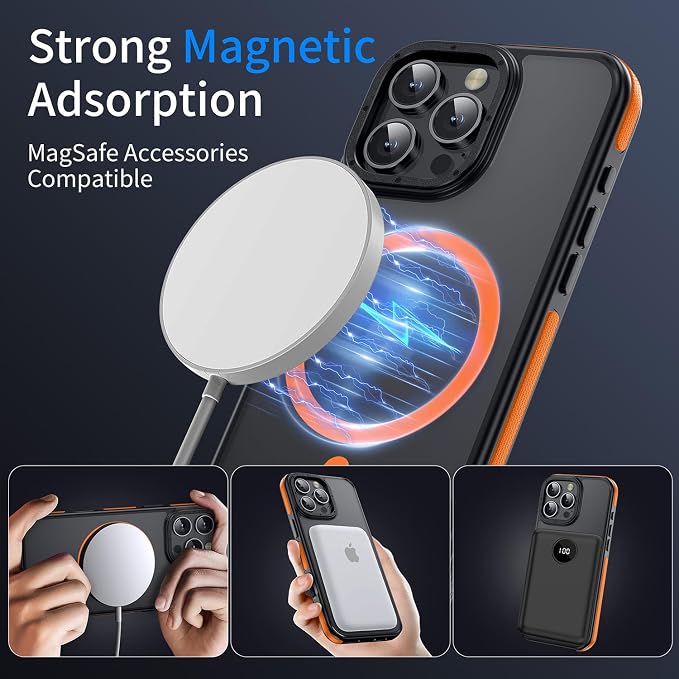 Strong Magnetic case for iPhone 16 Pro [10Ft Military-Grade Protection] Compatible with fit MagSafe Shockproof Slim Thin Cover 6.3 inch 16 Pro Phone case, Orange Bumper