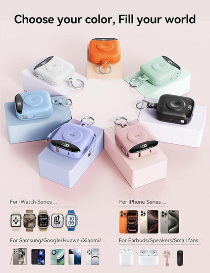 Portable Charger Power Bank, 10000mAh Fast Charging Power Bank with Built-in Cables, Travel Keychain Battery Pack with LED Display for iPhone Samsung Android iPad iWatch Charger 11/10/9/8/Ultra,Pink