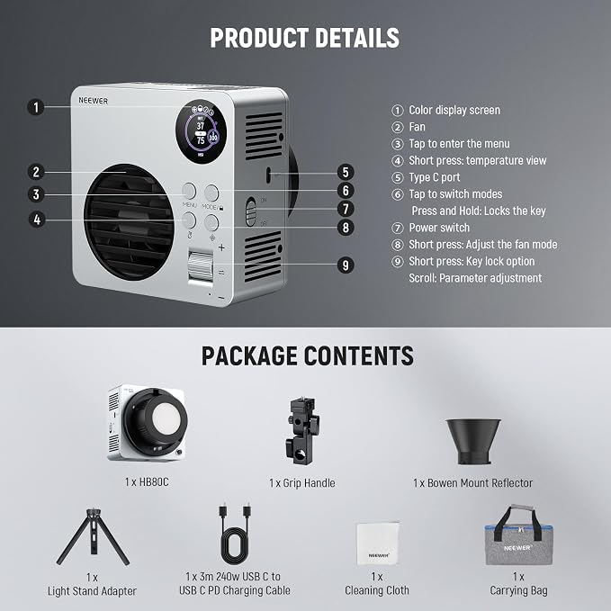 NEEWER HB80C 80W RGBWW LED Video Light with 72Wh Battery & 100W PD Fast Charging, 10400lux/m Brightness, 2500K-7500K CCT, 18 Lighting Effects, Bowens Spotlight for Studio Photography & Video Recording