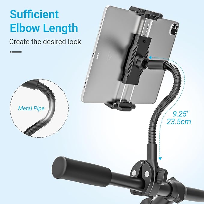 Metal Gooseneck Spin Bike Tablet Holder, Fit for 6.1-15.6" Devices, Adjustable Handlebar Mount for Indoor Cycle, Stationary Bicycle, Elliptical, Peloton, Compatible with iPad Pro/Air/Mini