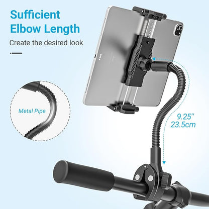 Metal Gooseneck Spin Bike Tablet Holder, Fit for 6.1-15.6" Devices, Adjustable Handlebar Mount for Indoor Cycle, Stationary Bicycle, Elliptical, Peloton, Compatible with iPad Pro/Air/Mini