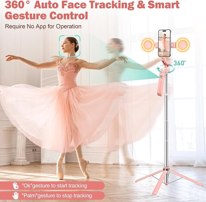 70.9" Auto Face Tracking Selfie Stick Tripod for iPhone with Light, 360° Rotation & Gesture Control, Cell Phone Tripod with Remote for TikTok/Vlog/Live Stream, Compatible with iPhone/Android