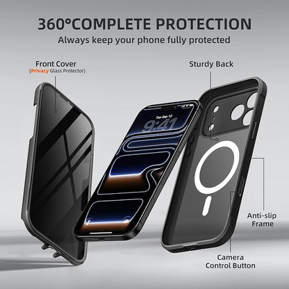 BERFY for iPhone 17 Pro Max Case, Compatible with MagSafe, Built-in Privacy Screen Protector, Camera Protection, Shockproof Full Body Phone Case 6.9", Translucent Black