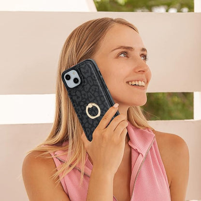 HAOPINSH for iPhone 13/ iPhone 14 Wallet Case with Card Holder, 360°Rotation Ring Kickstand, Black Leopard Cheetah Pattern, RFID Blocking Leather for Girls Women, Double Buttons Flip 6.1"
