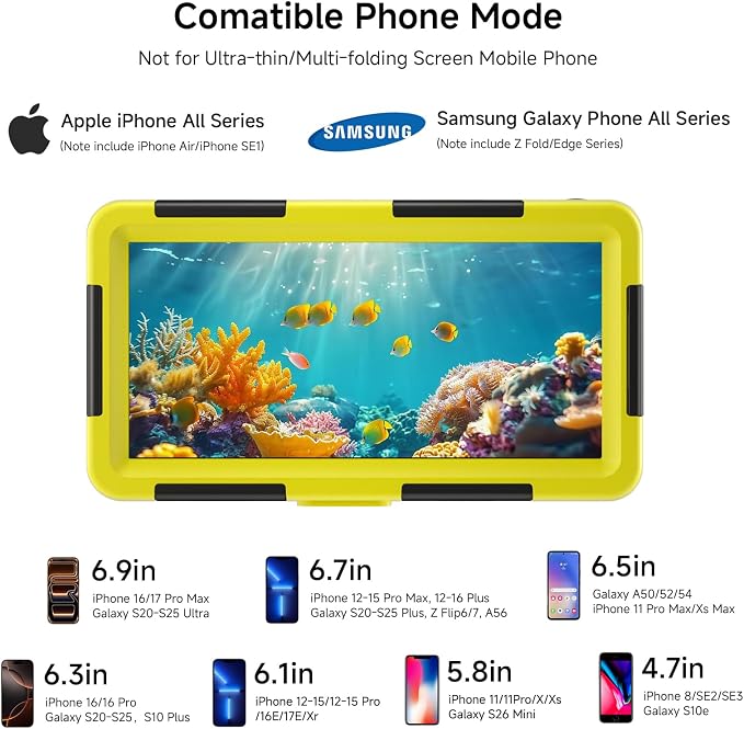 Underwater Phone Case for Snorkeling, [50ft/15M] Professional Deep Diving Waterproof Phone Case for iPhone 17-7 Pro/Pro Max/Plus/Mini, 16/17E, SE 2/3, Galaxy S10-S25 Plus/Ultra, A21-A56 [Yellow]