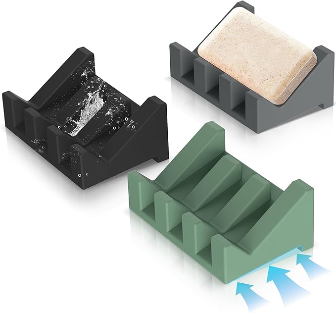 Silicone Self Draining Soap Holder Set, 3 Soap Dishes for Bar Soap, Drying Keep Soap Clean