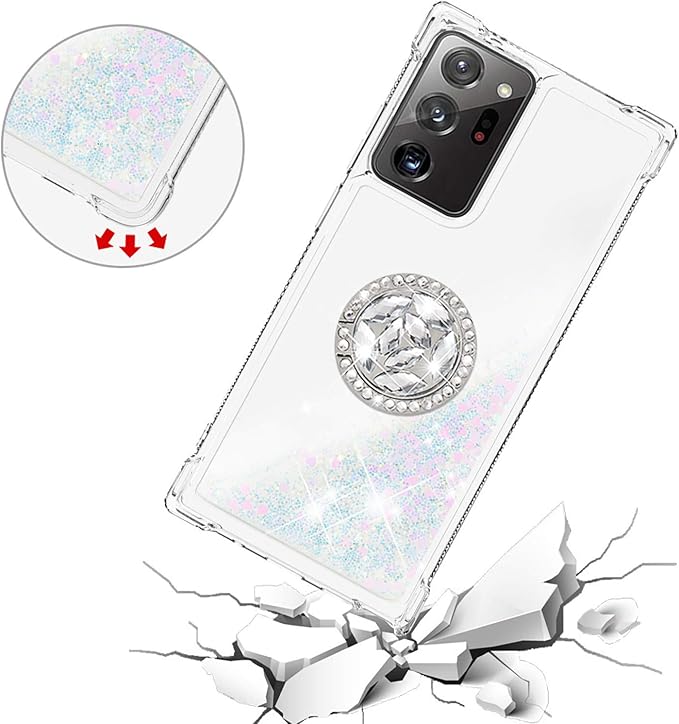 Glitter Phone Case for Galaxy Note 20 Ultra, Bling Liquid Case Bumper Protective Cover with Ring Holder Silicone Shockproof Case Transparent Back Case Compatible with Samsung Galaxy Note 20 Ultra