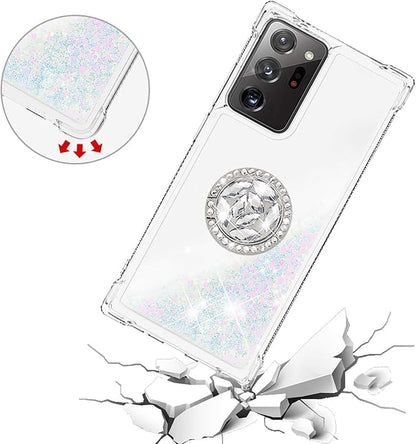 Glitter Phone Case for Galaxy Note 20 Ultra, Bling Liquid Case Bumper Protective Cover with Ring Holder Silicone Shockproof Case Transparent Back Case Compatible with Samsung Galaxy Note 20 Ultra