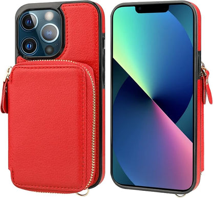 Bocasal RFID Blocking Wallet Case for iPhone 13 Pro, Adjustable Crossbody Zipper Purse Case Card Holder with Kickstand Detachable Wrist Strap, PU Leather Flip Folio Case 6.1 Inch 5G (Red)