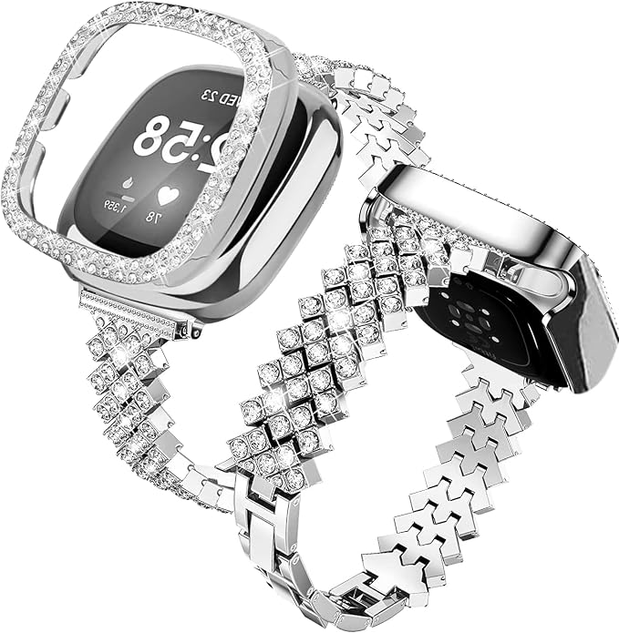 Bling Watch Band Compatible with Fitbit Versa 3/Fitbit Sense for Women, Adjustable Crystal Alloy Strap Rhinestone Stainless Steel Metal Wristband Replacement for Fitbit Sense/Versa 3 (Silver)