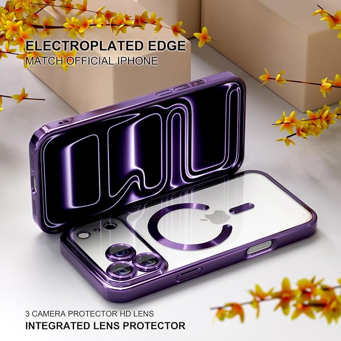Misea Magnetic for iPhone 17 Pro Case Compatible with MagSafe [Never Yellowing] [Military Grade Drop Protection] Full Camera Lens Protector Plating Soft Clear Phone Case for Women, Deep Purple