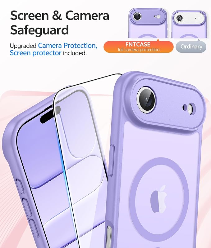 FNTCASE for iPhone Air Case: [Compatible with Magsafe] Translucent Matte Cases with [Full Camera Protection] [Screen Protector] Military Grade Shockproof Protective Phone Cover - Light Purple