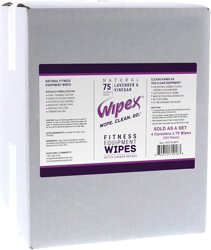 Wipex Natural Fitness Equipment Wipes, 75ct Lavender & Vinegar Cleaner, Gym Wipe for Equipment, Bulk Size for Everyday Use, 75 Count (Pack of 4)