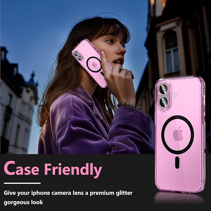 Camera Lens Protector for iPhone 16/iPhone 16 Plus, Bling Glitter Camera Cover with 9H Tempered Glass Metal Ring, Anti-Scratch Camera Protector for iPhone 16/iPhone 16 Plus (Glitter - Pink)