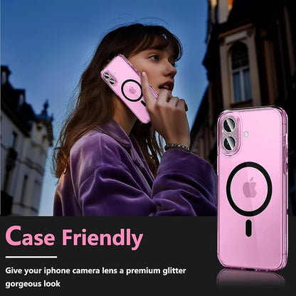 Camera Lens Protector for iPhone 16/iPhone 16 Plus, Bling Glitter Camera Cover with 9H Tempered Glass Metal Ring, Anti-Scratch Camera Protector for iPhone 16/iPhone 16 Plus (Glitter - Pink)