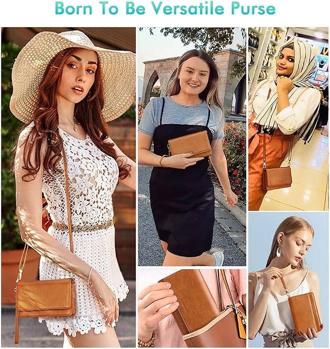 nuoku Women Small Crossbody Bag Cellphone Purse Wallet with RFID Card Slots 2 Straps Wristlet