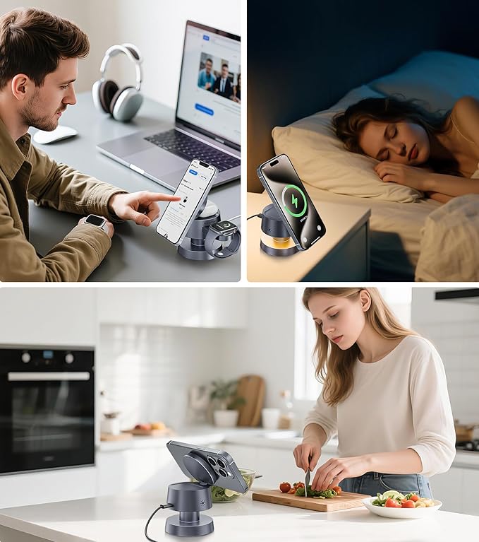 4-in-1 Magnetic Wireless Charging Station for iPhone 17/16/15/14 Pro Max, with Night Lamp and 20W Adapter Wireless Charging Station Fast Charging for Apple Watch, Earphones & Multiple Devices