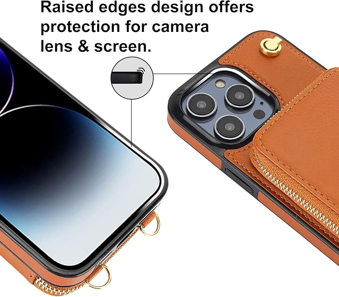 Bocasal for MagSafe Crossbody Wallet Case Compatible with iPhone 14 Pro Max, RFID Blocking Protective Purse Case with Card Slots Holder Kickstand Wrist Strap Lanyard Zipper 6.7 Inch 5G (Brown)