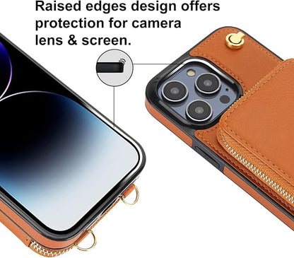 Bocasal for MagSafe Crossbody Wallet Case Compatible with iPhone 14 Pro Max, RFID Blocking Protective Purse Case with Card Slots Holder Kickstand Wrist Strap Lanyard Zipper 6.7 Inch 5G (Brown)