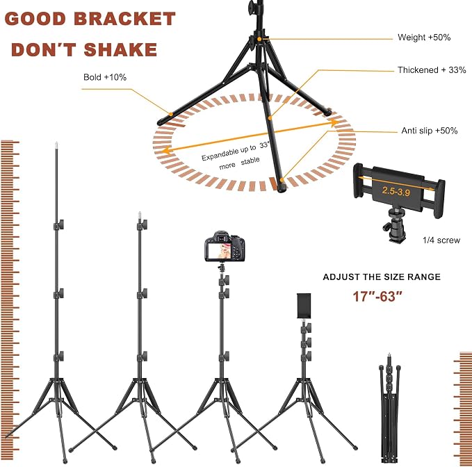 Ring Light 18" with Stand, 55w 6700K LED Light,63" Tripod,Multi-Angle Adjustable Phone Stand, for iPhone and Android Phones, CRI95, Suitable for YouTube, TikTok, Selfies (Black, 18")